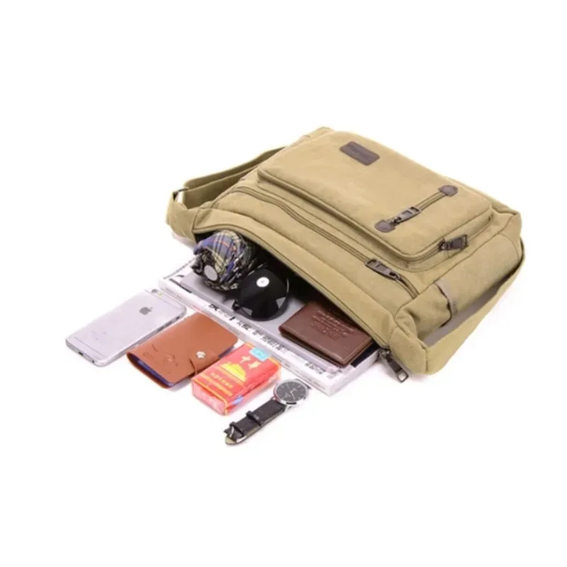 Torba na ramię typu crossbody z płótna dla kobiet i mężczyzn, retro, prosta, modna, wielowarstwowa, kwadratowa. — zdjęcie 6
