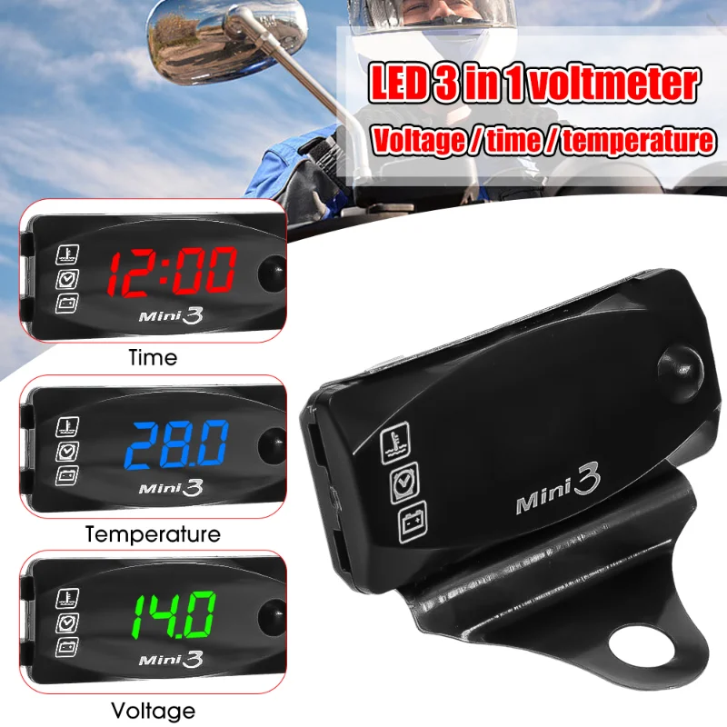 3 In 1 Motorcycle Voltmeter Waterproof Dustproof Electronic Thermometer Universal Electronic Clock LED Digital Display Equipment
