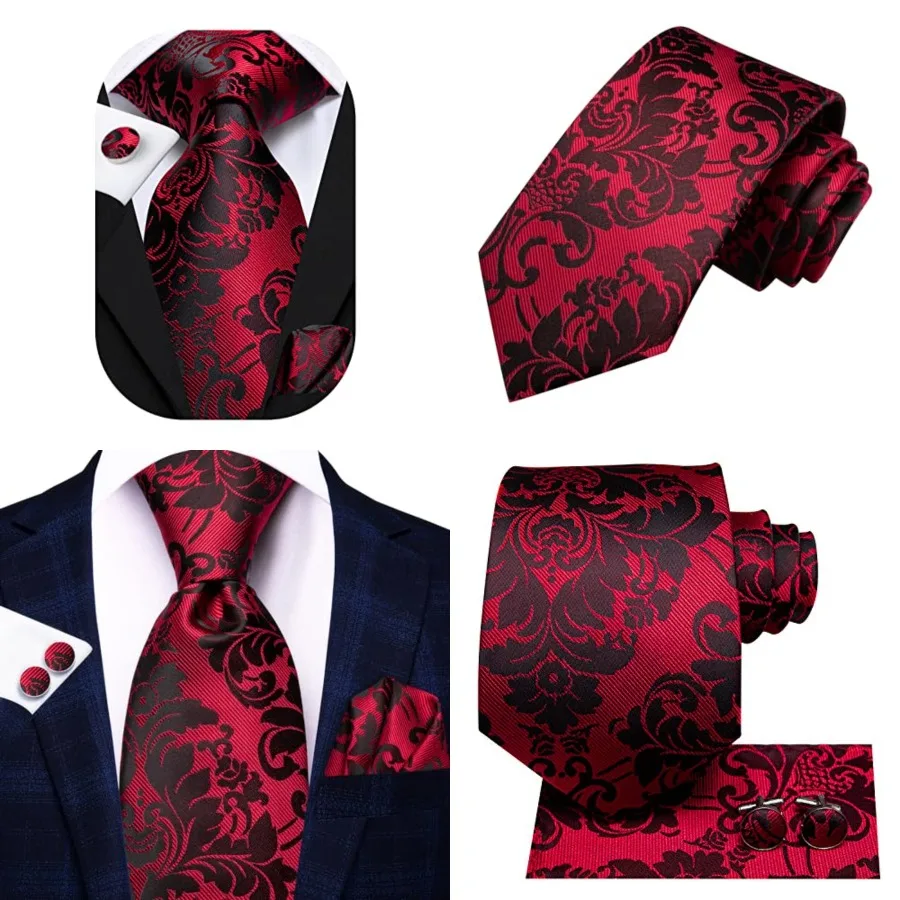 Corbatas de Seda para Hombre, Diseño a Cuadros, Paisley y Rayas, con Pañuelo de Bolsillo y Gemelos, Conjunto Formal para Negocios, Negro, Rojo, Floral