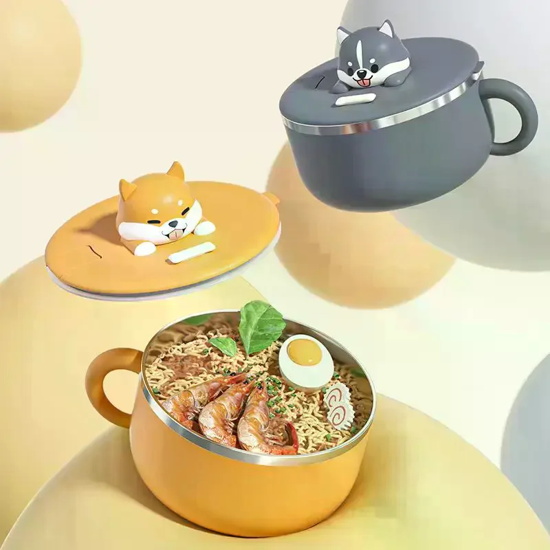 Cute Dog Instant Noodle Bowl Stainless Steel With Lid Large Fruit Salad Bowl Student Dormitory Portable Lunch Box 1000ML Cartoo
