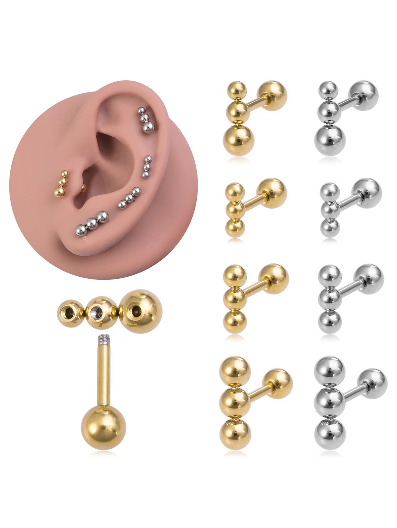 1pc Three Threaded Steel Balls Ear Stud for Women Stainless Steel Ear Lobe Earring Trendy Cartilage Helix Daith Piercing Jewelry