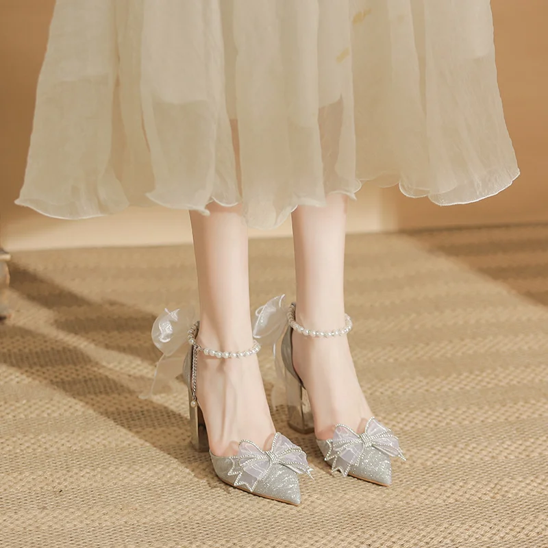 Spring Pointed Toe Party Woman Wedding Shoes Bride Bow Thick Heel Silver Sequin Fairy  Lolita Style Single Shoes