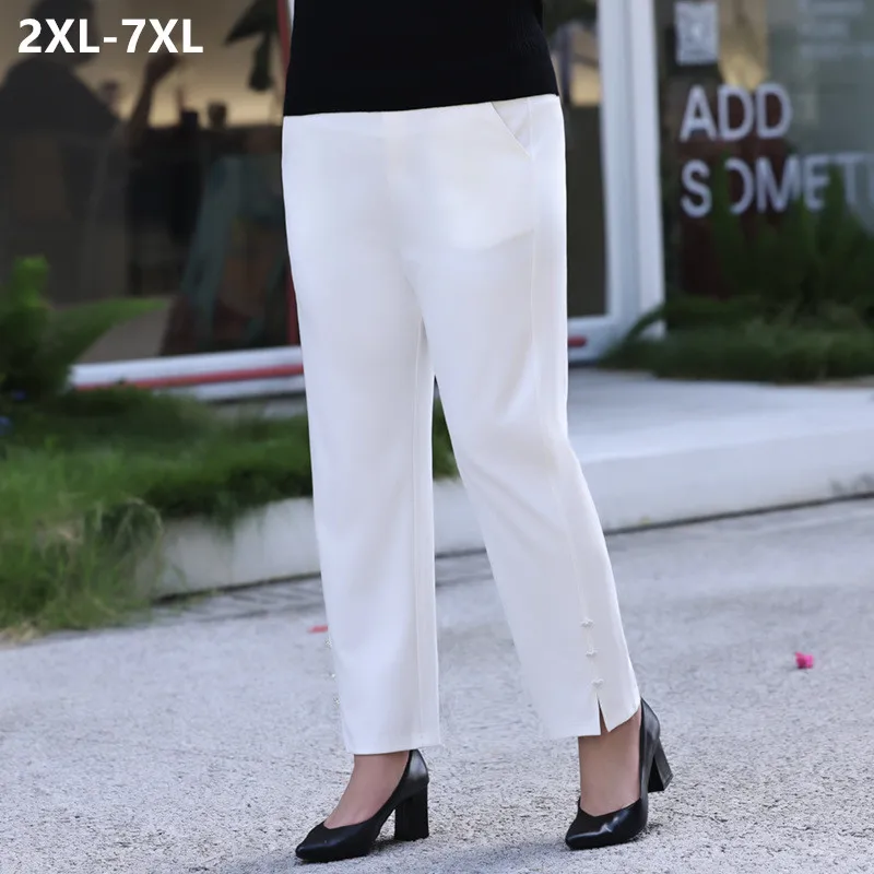 

Lady Pants 110KG 7XL 6XL Women Office Work Straight Formal High Waist Stretched Girl Elegant Loose Fit Off-White Female Trousers