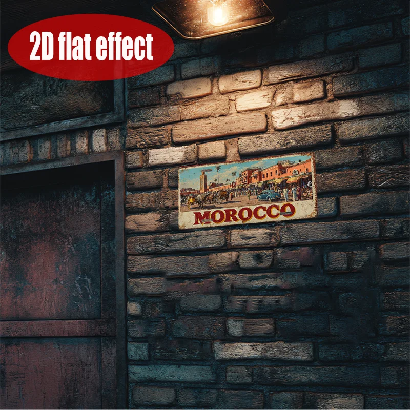 HD Aluminum Print, Vintage Morocco Marrakech Medina Souk Retro License Plate Style Wall Art, High Definition Bend-Resistant Meta view 5