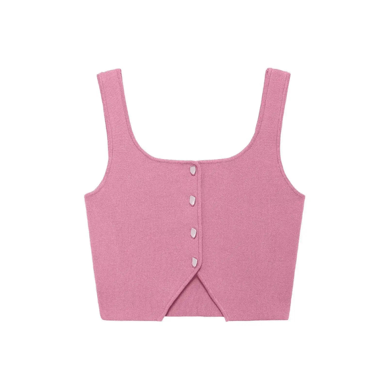 

Button Embellished Flat Needle Woman Women 2024 Sleeveless Top Female Summer Short Tops