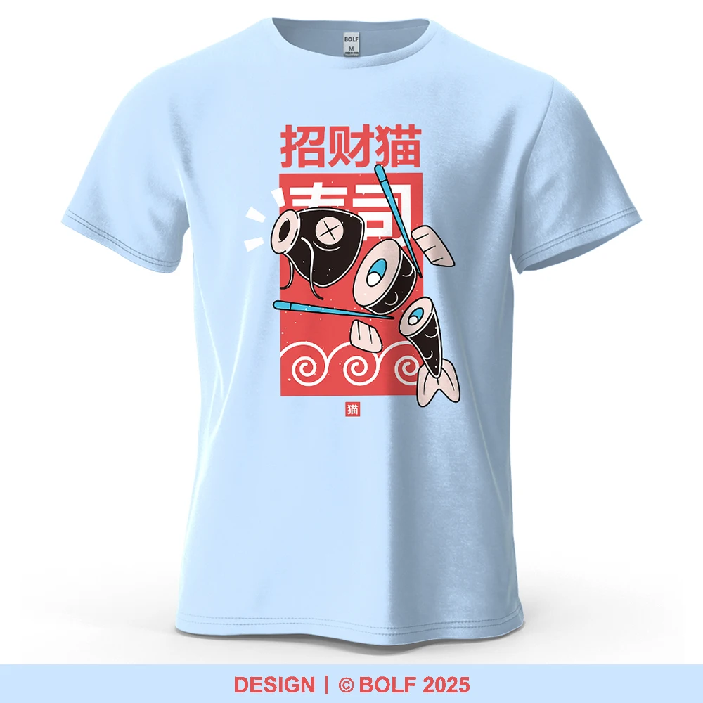 Fortune Cat Sushi bedrucktes Herren-T-Shirt, 100 % Baumwolle, übergroß, niedliche Lebensmittelkunst, Grafik-T-Shirts für Damen, Tops, T-Shirts, Streetwear