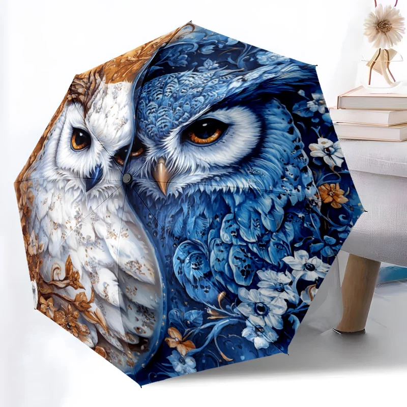 

Автоматический зонт с изображением сов Yin Yang (сине-белый цветочный узор), 1 шт., компактный, складной, для путешествий, ветроустойчивый