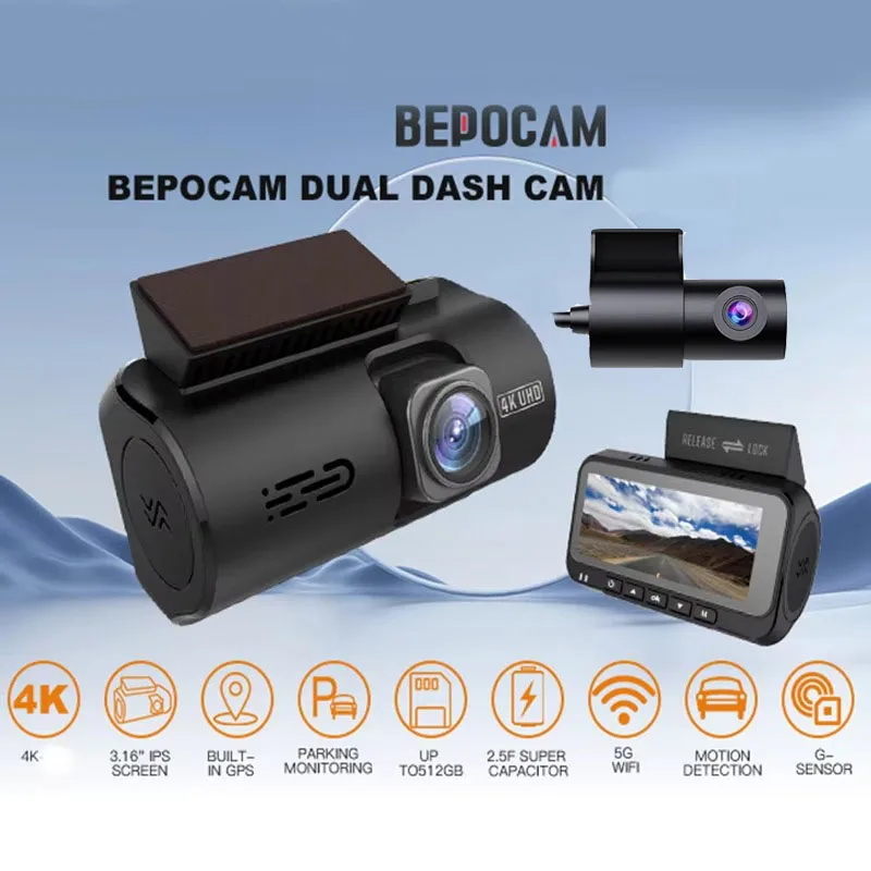 Dual Dash Car Camera 4K+1080P Dash Cam Built-in WiFi GPS 3.19