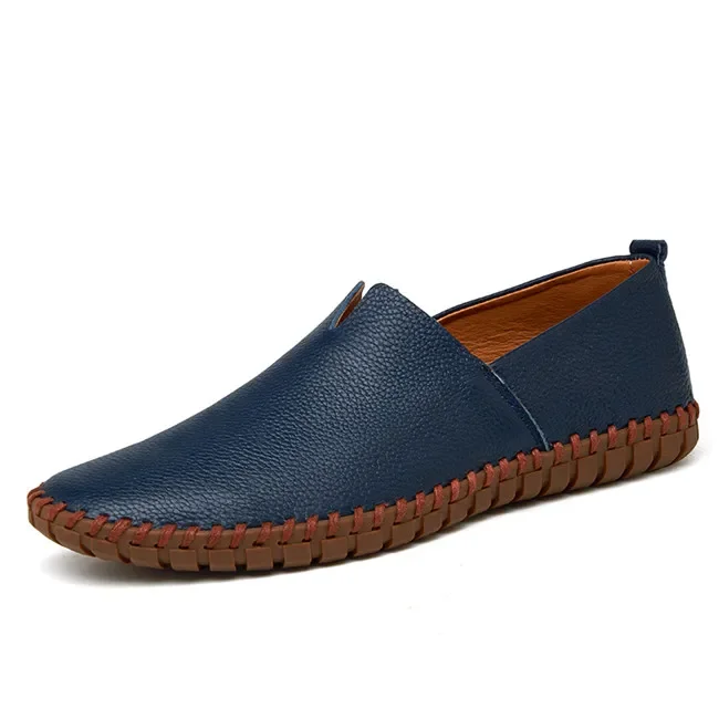 Mocassins masculinos de couro de vaca genuíno, mocassins artesanais, deslizamento azul macio, sapato de barco masculino, na moda, plus size 38-48