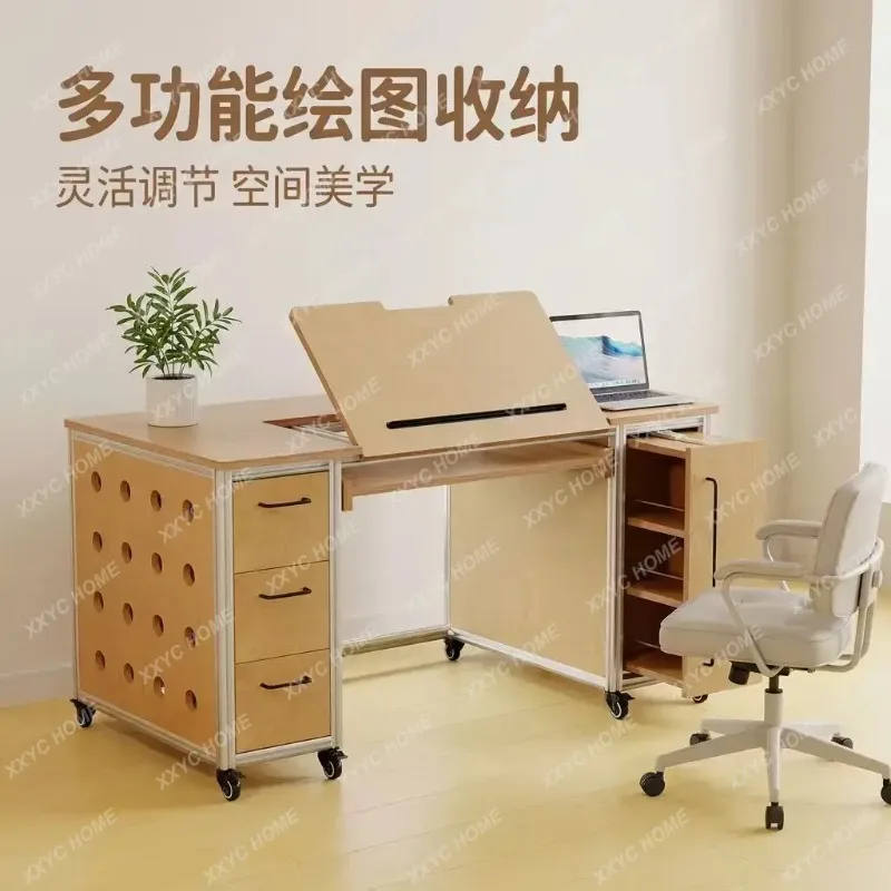 XX Industrial Modern Minimalist Birch Wood Office Desk with Drawers Mobile Workstation Sturdy Large Capacity