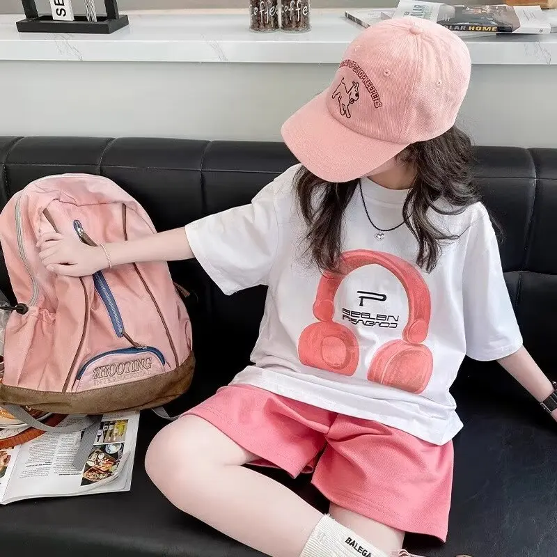 New Summer GirlsCotton Suit Korean High Street Fashion Kids Printed T-shirts Shorts 2 Piece Set High Quality Children's Set 2024