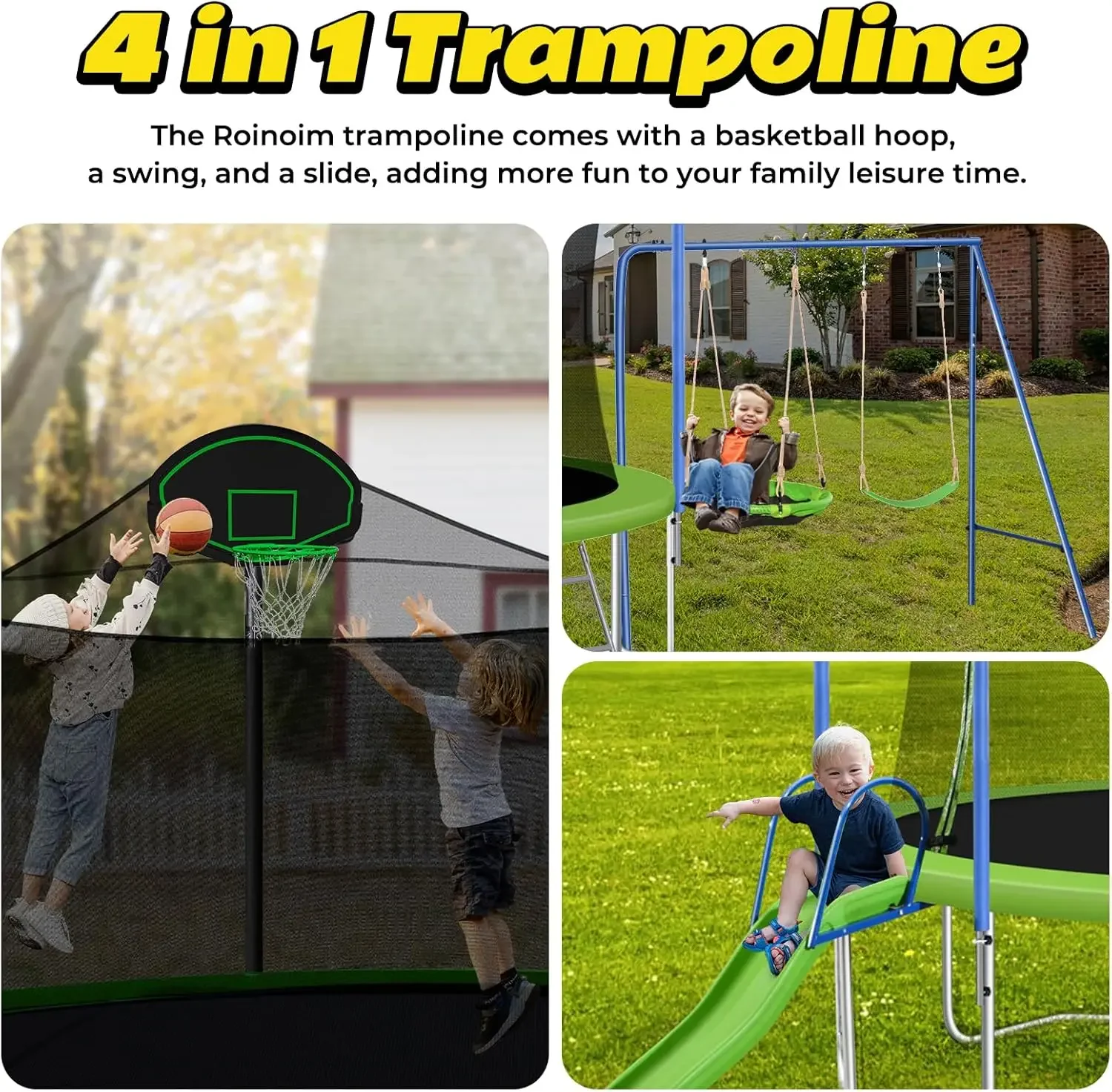 14FT Outdoor Trampoline with Swing, Slide, Basketball Hoop, Safety Enclosure and Ladder, Outdoor Recreational Tram