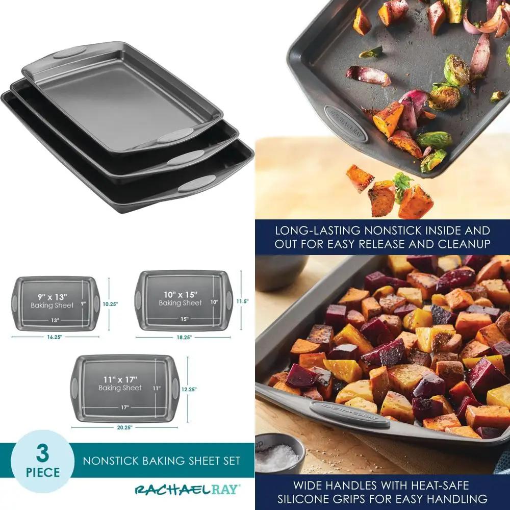 

nonstick bakeware set with grips, nonstick cookie sheets / baking sheets - 3 piece, gray with sea salt gray grips