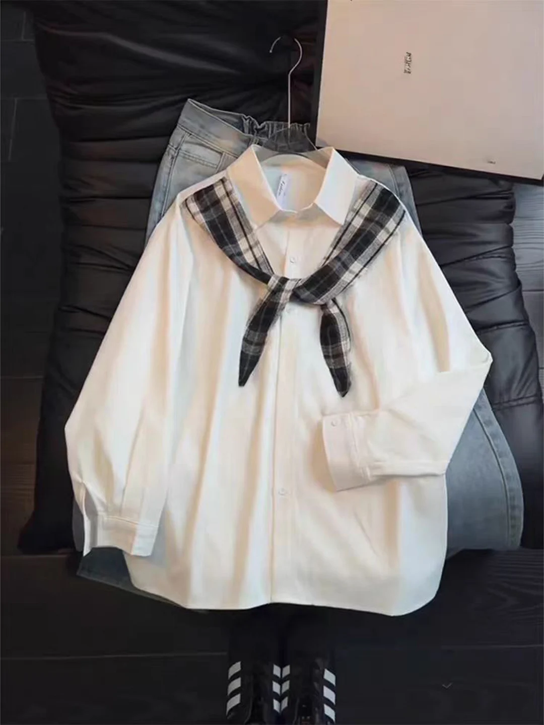 

White Plaid Long Sve Casual irt Men's Sle Spring Season Fake Two-Piece High-End Feeling American Cool Outerwear