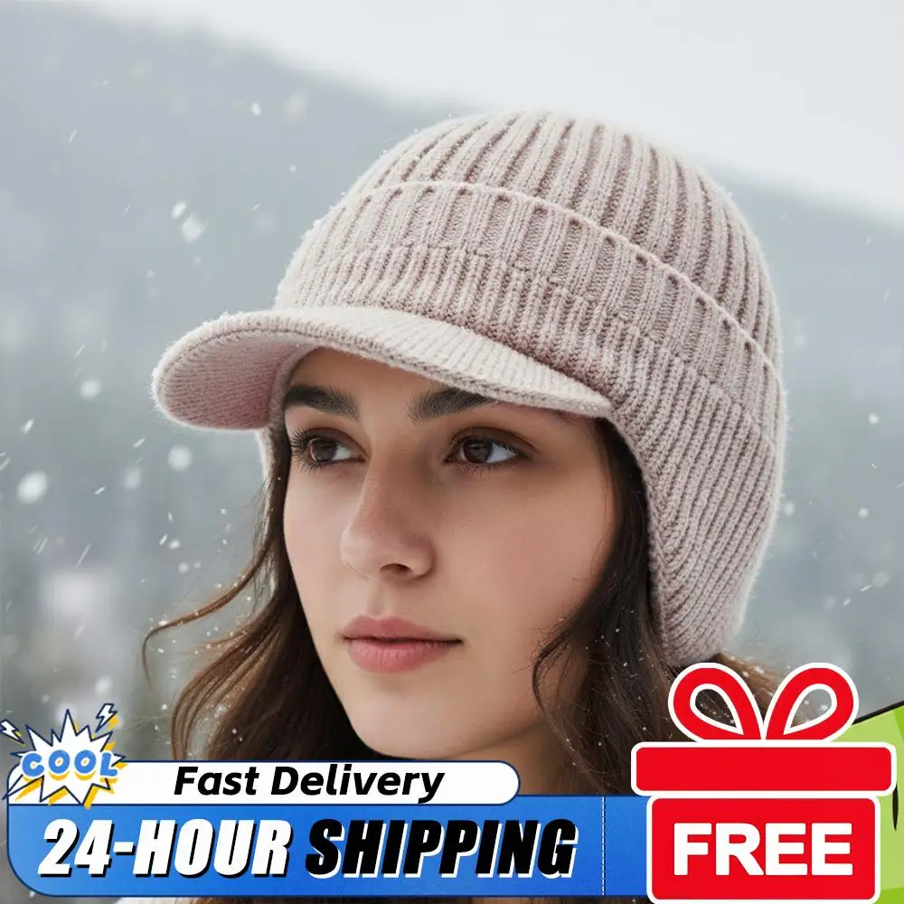 

Winter Beanie with Brim and Ear Flaps Outdoor Warm Fleece Lined Knit Hat Trendy Casual Outdoor Running Knit Hat For Men Women