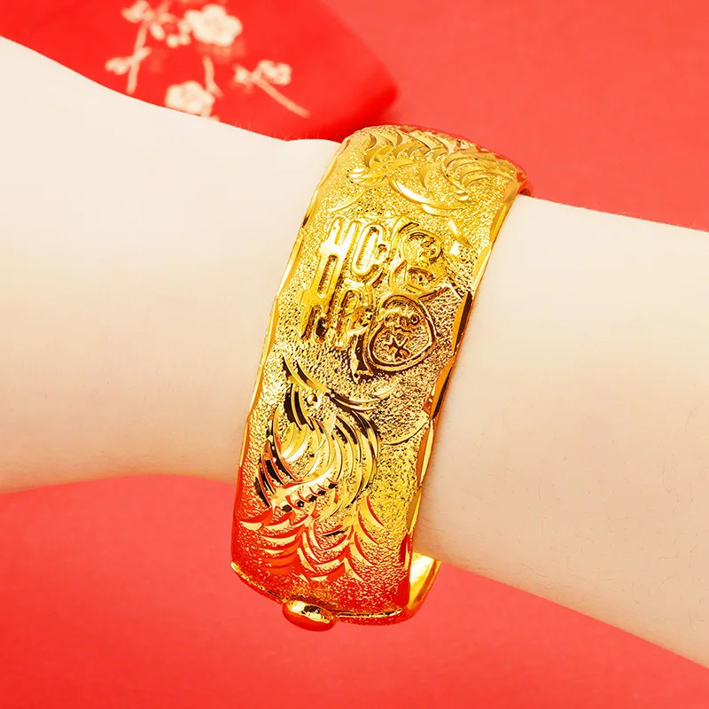 26mm Grand Bride Wedding Dragon & Phoenix Bracelet Women 24K Gold AU999 - Decent Gift, Top Choice for Wedding Dowry