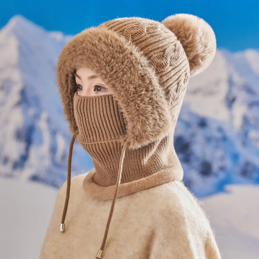 Snowboarding Headwear Women’s Knitting Hat with Plush Ball Windproof Insulated Winter Cap 3-in-1 Thickened Face for Weather