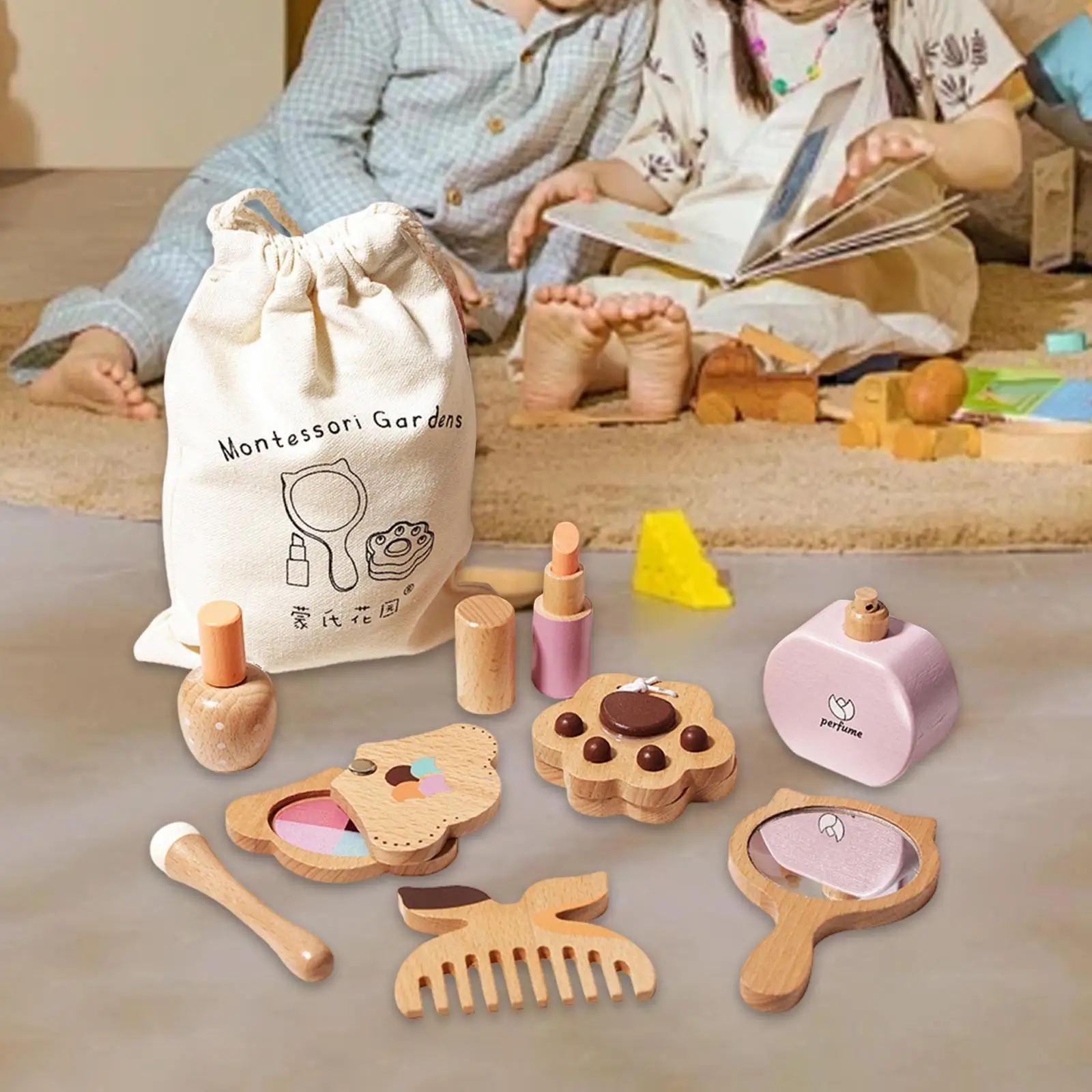 Kit de maquillage pour enfants, ensemble de vanité en bois, jouet de beauté, coiffeuse en bois, ensemble de jeu de simulation, cadeaux pour enfants