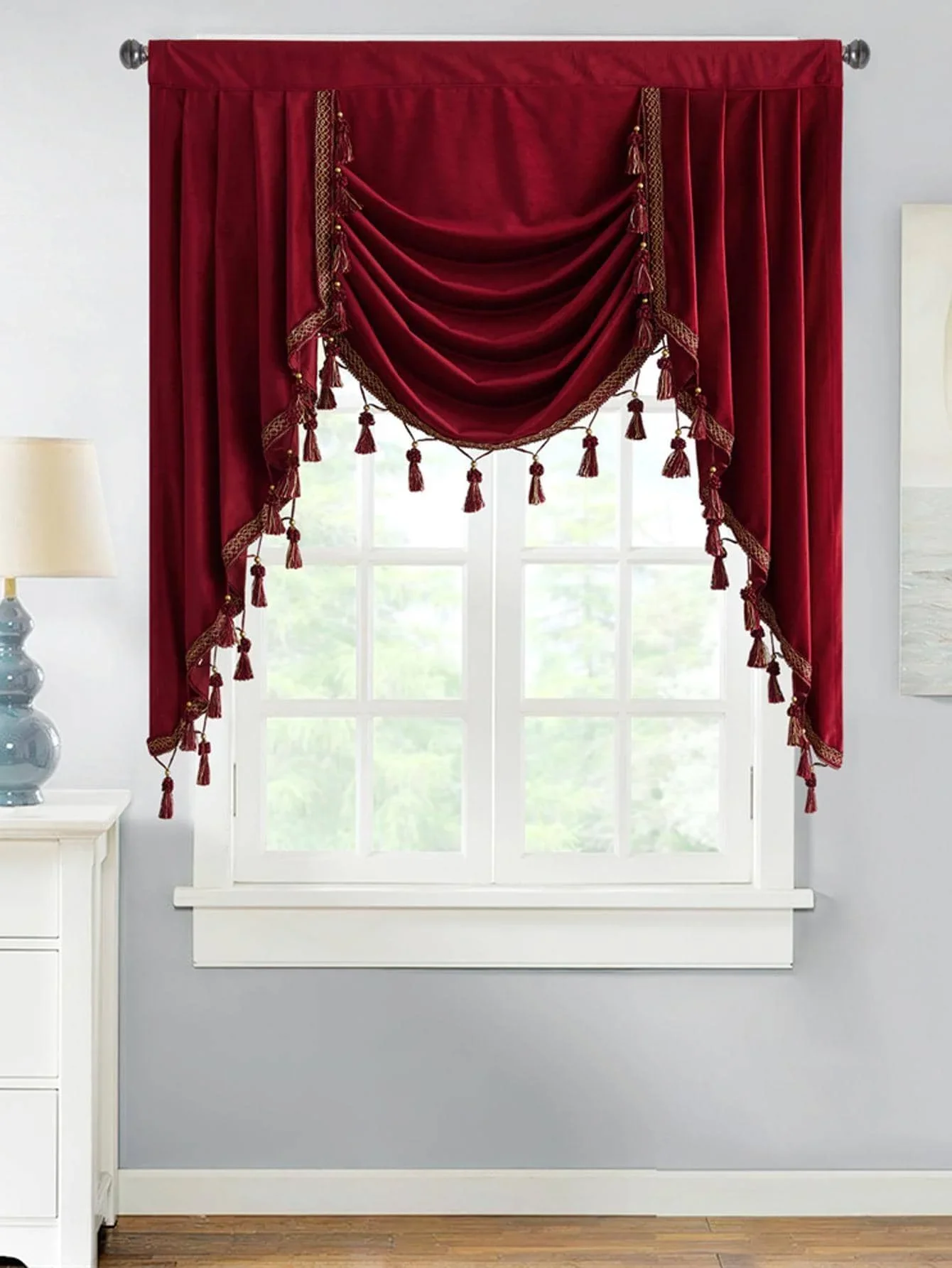 Light Luxury European Red Velvet Tassel Lace Water Wave Curtain Head 1pc Luxury Valance Window Treatment for Living Room Bedroom