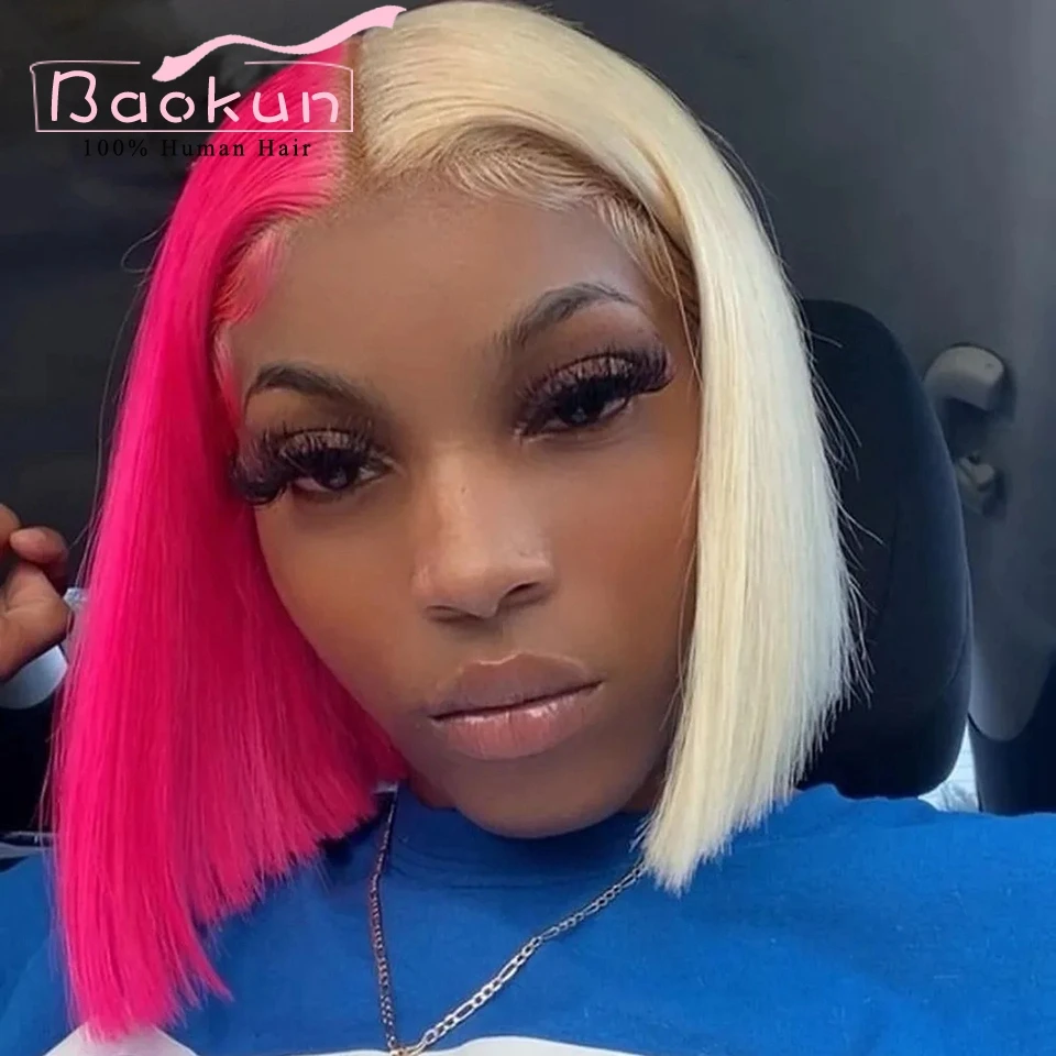 Short Blonde Lace Front Wig Human Hair Half Pink Ginger 613 HD Lace Frontal Wig 13x4 Straight Bob Wig Lace Front Human Hair Wigs