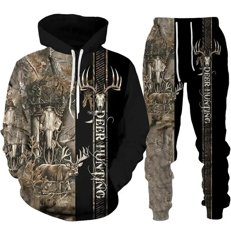 Autumn/Winter Deer Animal Hunting Hoodie Suits 3D Print Men Women Outdoor Sweatshirt Pants 2Pcs Outfits Oversized Men\'s Clothing