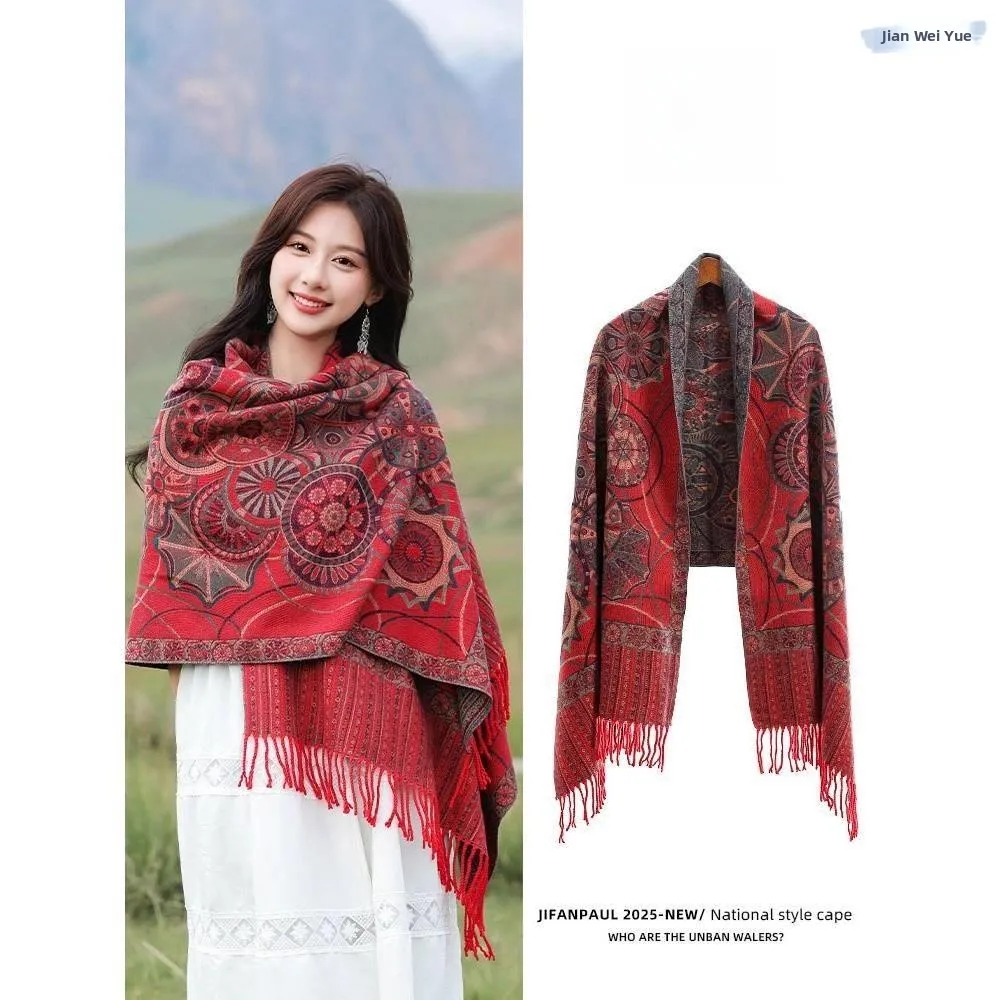 レディースニットショール冬旅行用アウター厚手コットン暖かいブランケットコート風スカーフエスニックトレンド冬2025新作