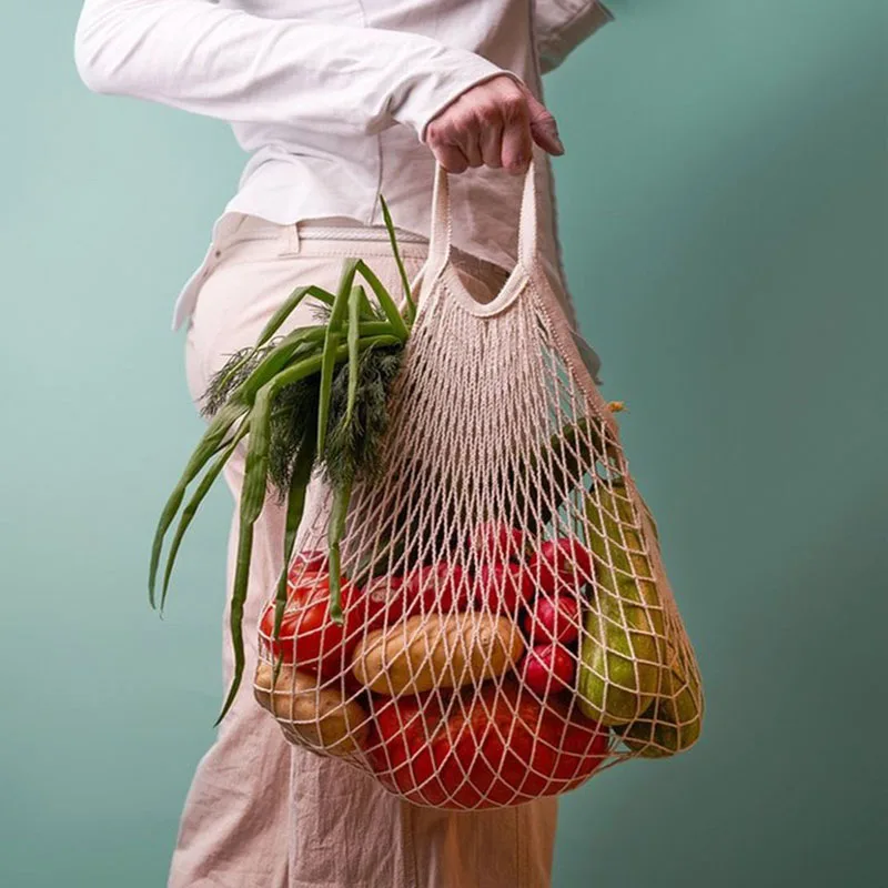 1pc Reusable Grocery Mesh Bag Organic Cotton String Shopping Bags Long Handle For Fruit Vegetable Storage