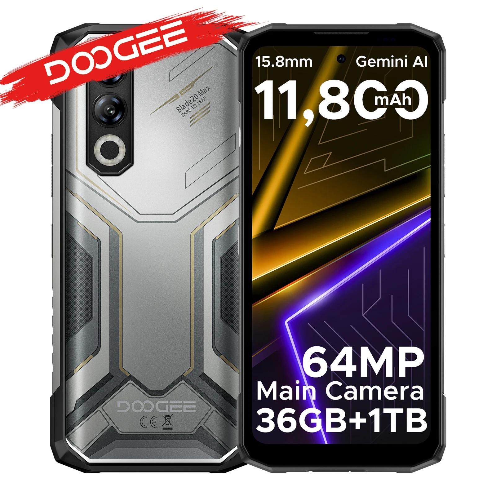Robustes DOOGEE Blade20 Max Smartphone mit 120Hz, 36 GB RAM (12+24), 1 TB ROM, Gemini AI Akku 11800 mAh, Android 15