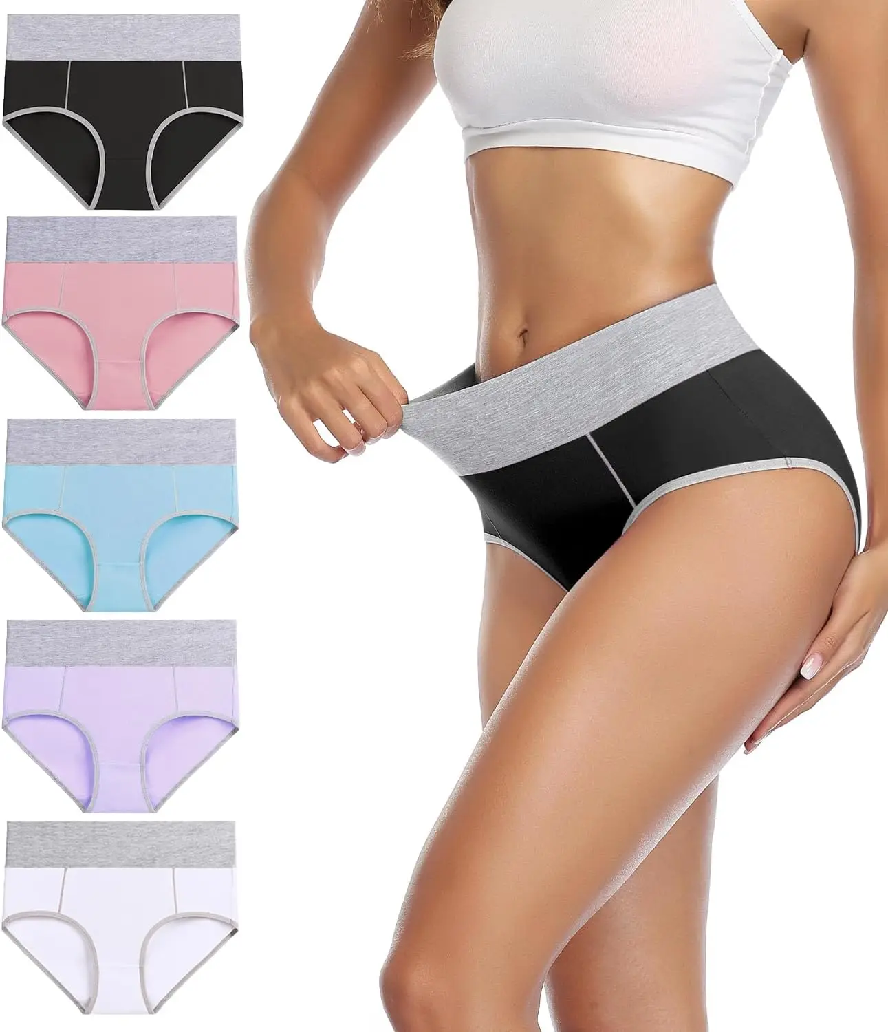 

Women's Cotton Underwear High Waist Stretch Briefs Soft Underpants Ladies Full Coverage Panties 5 Pack panties women