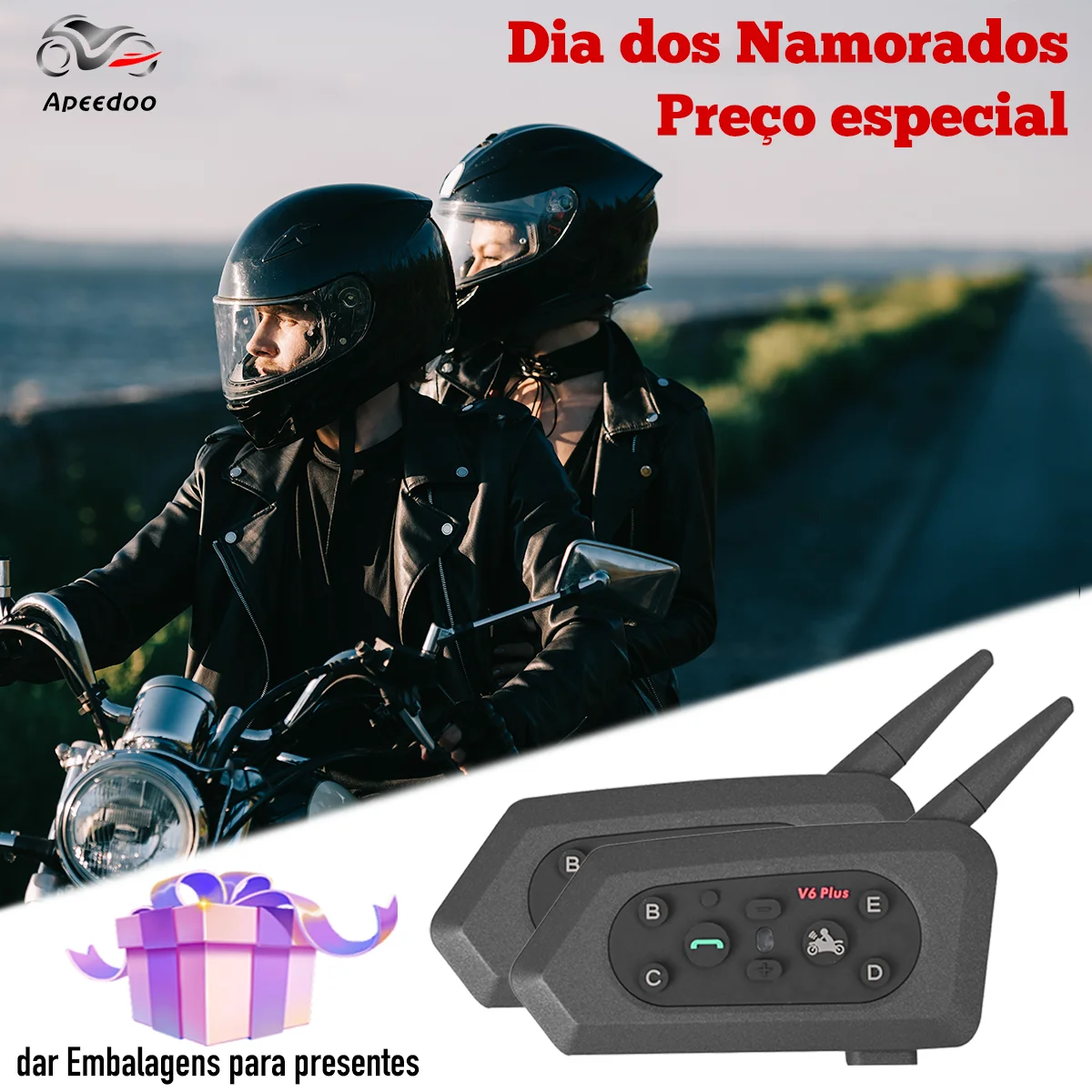 

Presente do Dia dos Namorados Apeedoo Motocicleta Bluetooth 1500m Sem Fio IP67 Capacete Impermeável FM GPS Music Radio V6Plus