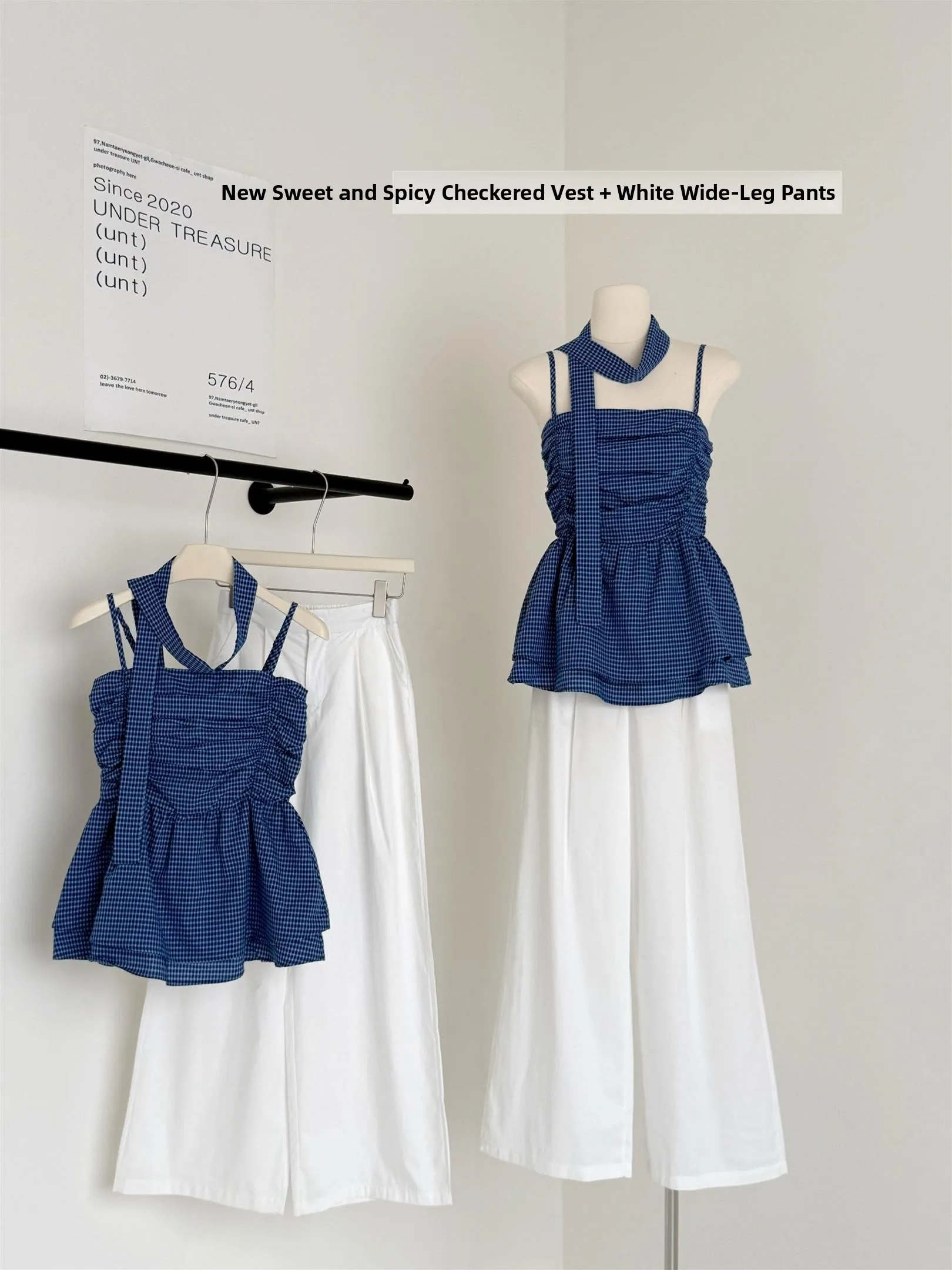 

Sweet And Spicy Blue Plaid Halter Top And High Waist Wide Leg Pants Women's Summer Korean Style Two Piece Set Fashionable Ens...