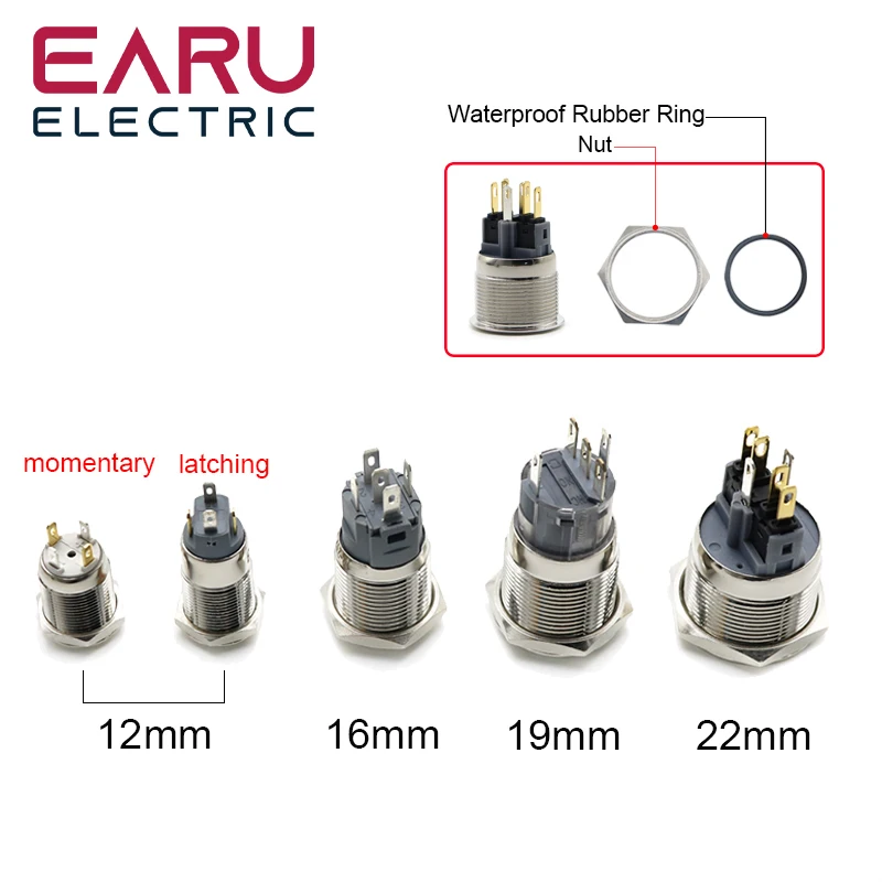 12/16/19/22mm Waterproof Metal Push Button Switch LED Light Momentary Latching Car Engine Power Switch 5V 12V 24V 220V Red Blue