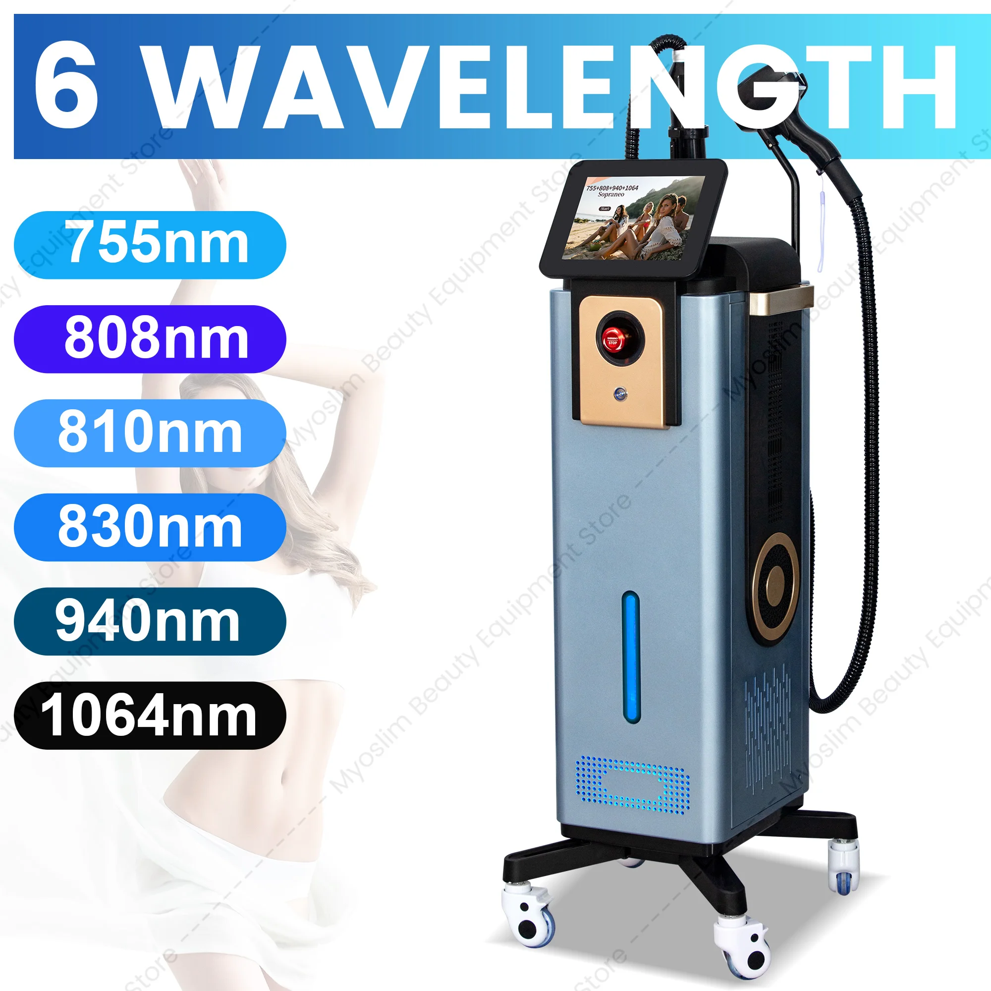2‑in‑1 6‑Wavelength Diode Laser Hair Removal & Pico Tattoo Removal Machine 755nm FAC Collimation Ice Cooling System Foldable Tou