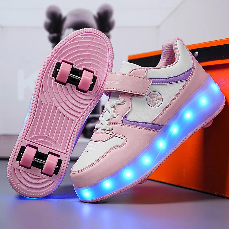 Scarpe a rotelle in pelle PU per bambini 4 ruote moda LED pattini per bambini scarpe da ginnastica per ragazzi e ragazze taglia 29-40,