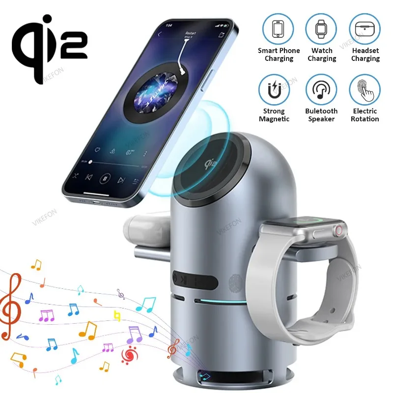 Magnetic Wireless Charger Stand Bluetooth Speaker Touchable Rotation Extension For iPhone 17 16 15 14 Pro Max SE iWatch Airpods