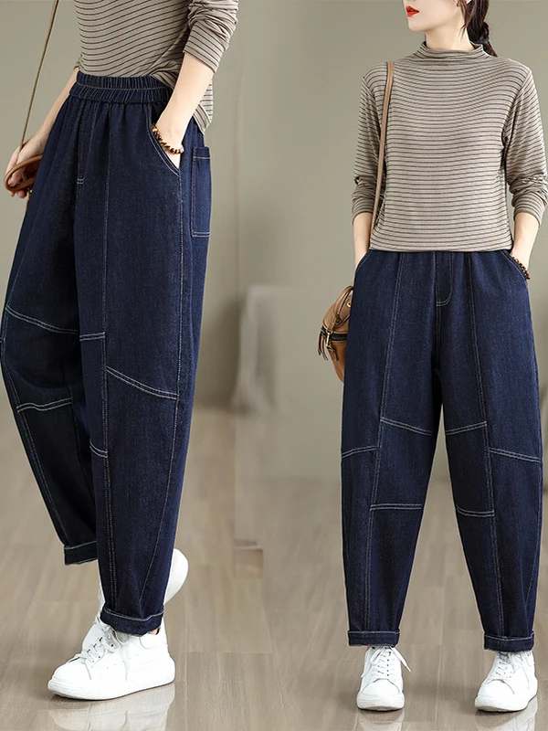 

Эластичные джинсовые лоскутные брюки Харлан, свободный крой, синие женские джинсы больших размеров из смеси хлопка и полиэстера с девятью зубцами