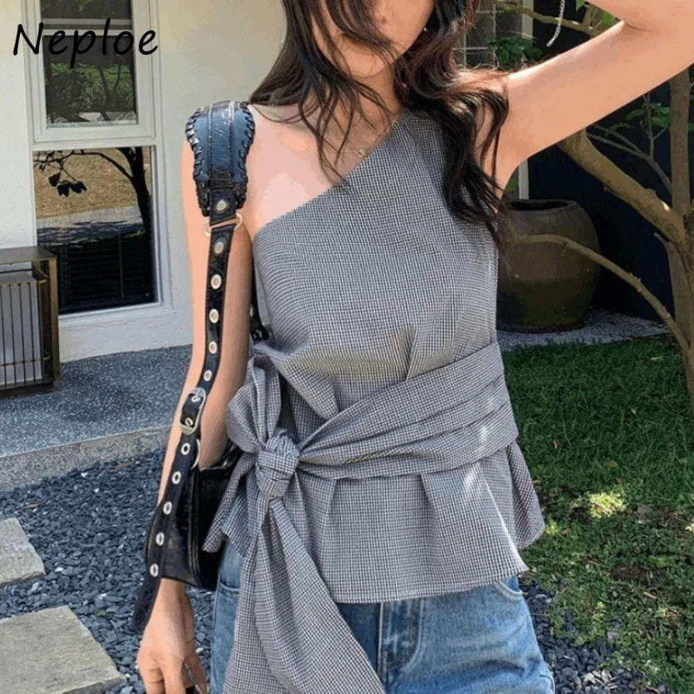 

Neploe Korea Chic Moda Irregular Skew Collar Vest Plaid Lace Up Off Shoulder Sling Camis New Elegant Ball Gown Slim Waist Tees