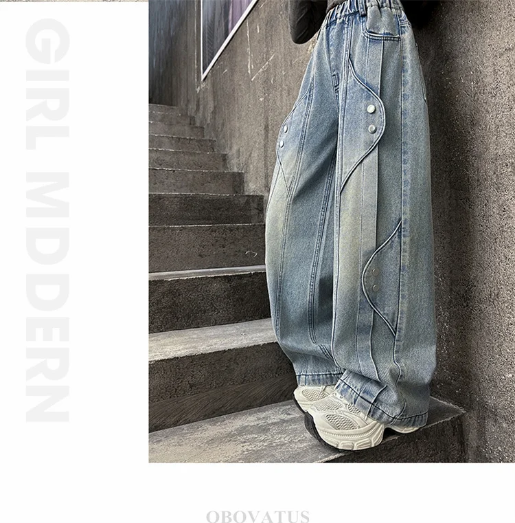 Neues Design Mädchen Straight Jeans Stylische Kinder Mode Street Denim Hosen Teenager Kinder Lose Slim Fit Loose Leaf Jeans Hosen – Detail 4