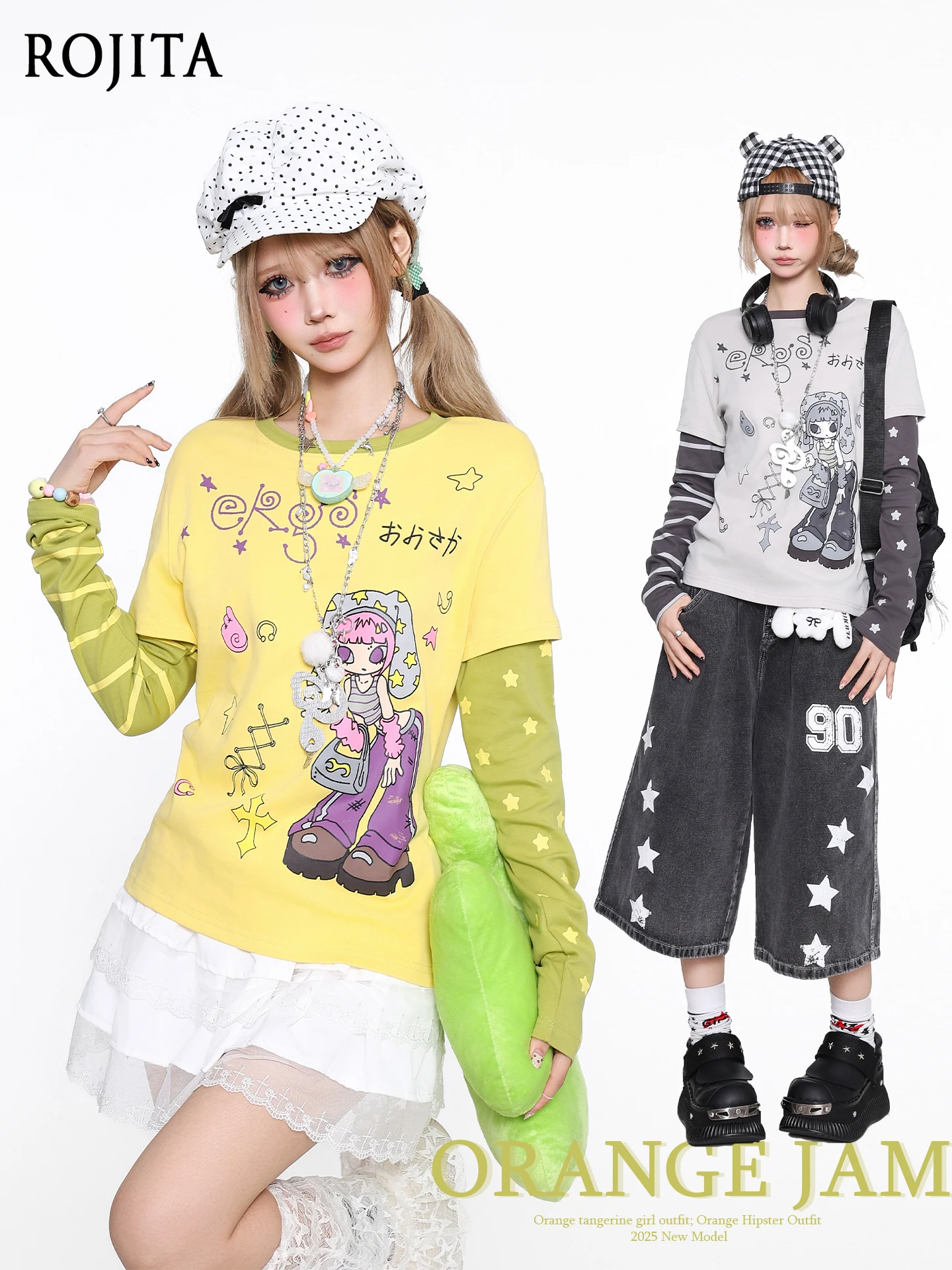 

Orange Jam YO Cute Retro Cartoon Pattern Fake Two-Piece T-Shirt for Women Slimming Versatile Casual Long Sleeve Top