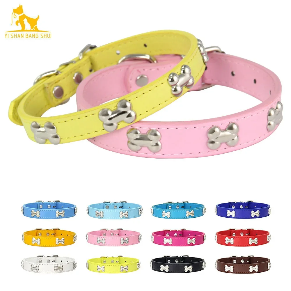 Bone Rivets Leather Dog Collar Colourful Puppy Neck Strap Collar For Small Medium Large Dogs Cat Pug Chihuahua Accessories S-XL