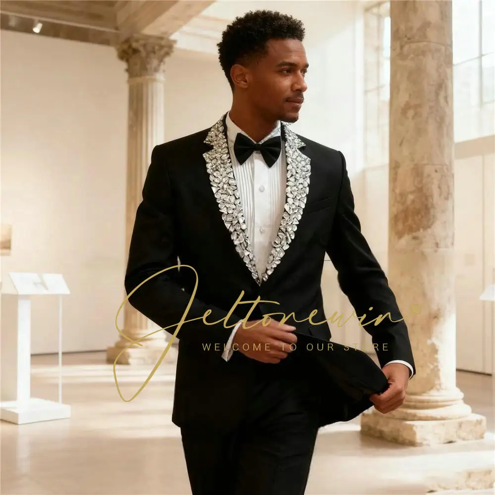 

Fashion Black Crystals Men's Suits 2 Pieces Single Breasted Suit For Party Prom Wedding Groom Daily Tuxedo Formal Best Man Sets