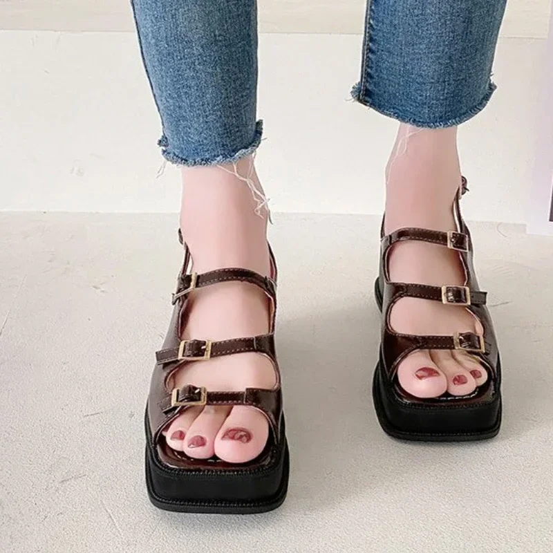 2024 New Platform Sandals Ladies High Heels Summer women sandals Wedge Sandals Open Toe Shallow Solid Color Buckle Casual