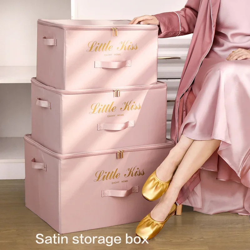 

Foldable Clothes Quilt Storage Box Organizer Household Large Wardrobe Satin Fabric Storage Box Home Large Item Organizer