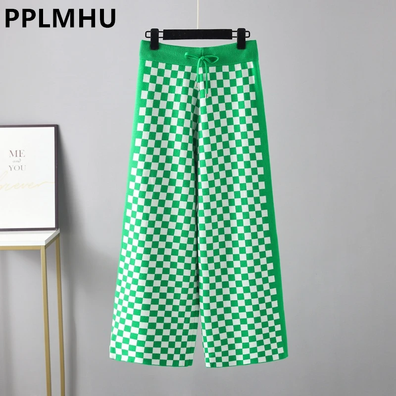 Fall Winter Thick Knit Plaid Wide Leg Pants Women's Warm Spliced Knitwear Baggy Pantalones High Waist Capris Straight Trousers