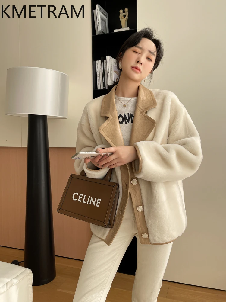 سترة من صوف ميرينو الطبيعي لعام 100% من جلد الغنم مزدوجة الوجه معطف نسائي فضفاض من الفرو الحقيقي ملابس شتوية للسيدات 2025