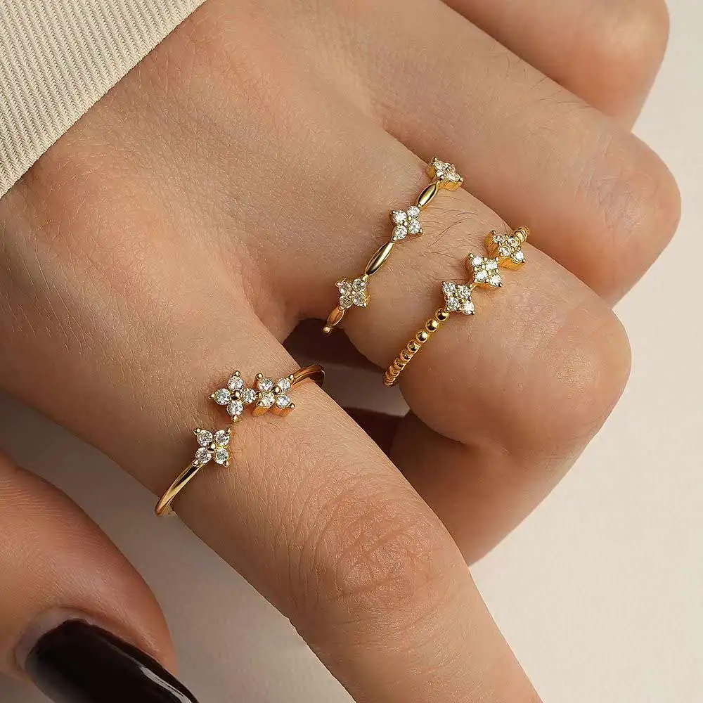 F.I.N.S 925 Sterling Silver Simple Geometric Flower Zircon Ring For Women Stackable Wedding Party Index Finger Fine Jewelry