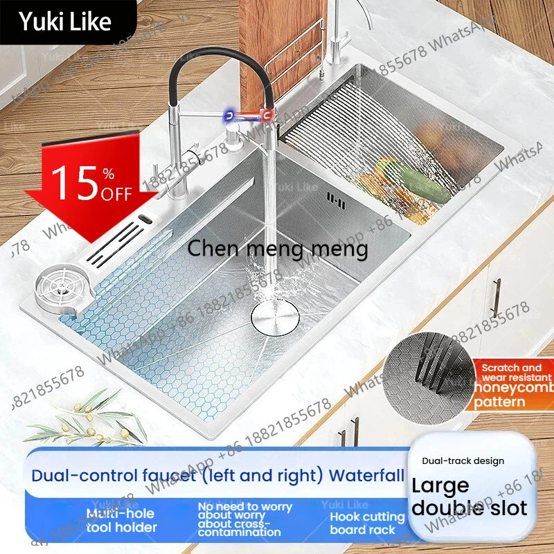 

A139 Silver 304 Stainless Steel Kitchen Sink Divided Cleaning Compartments Large Double Slot Household Waterfall Wash Vegetable