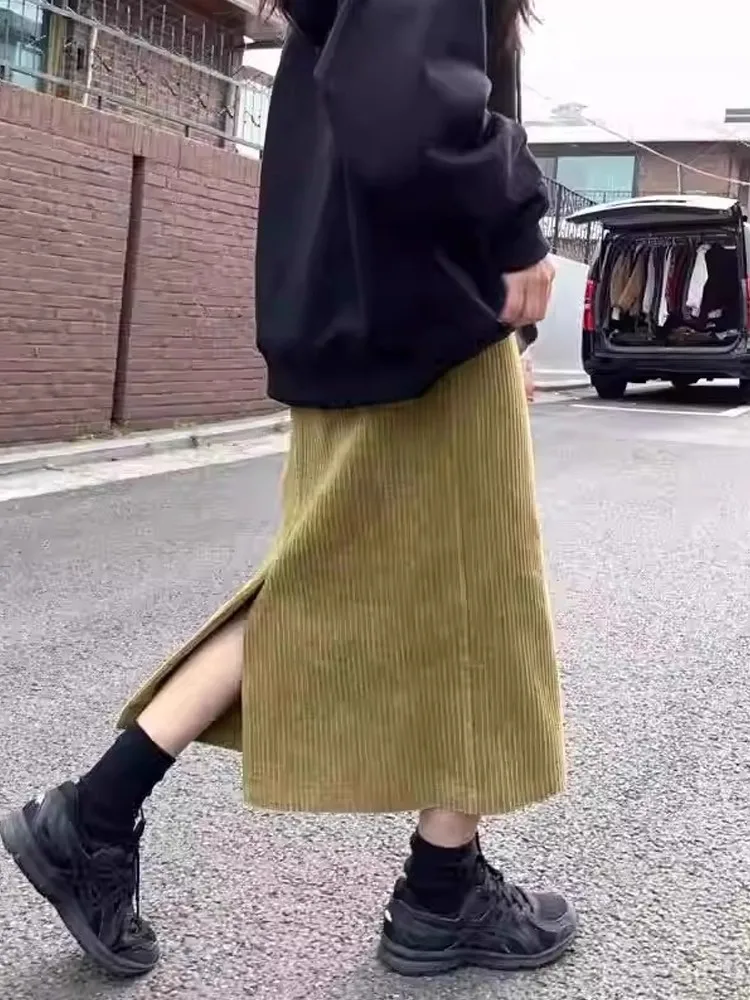 

Женская вельветовая юбка миди А-силуэта с высокой талией, осенне-зимняя, свободная, длинная, повседневная, из неэластичной ткани, для девушек и женщин