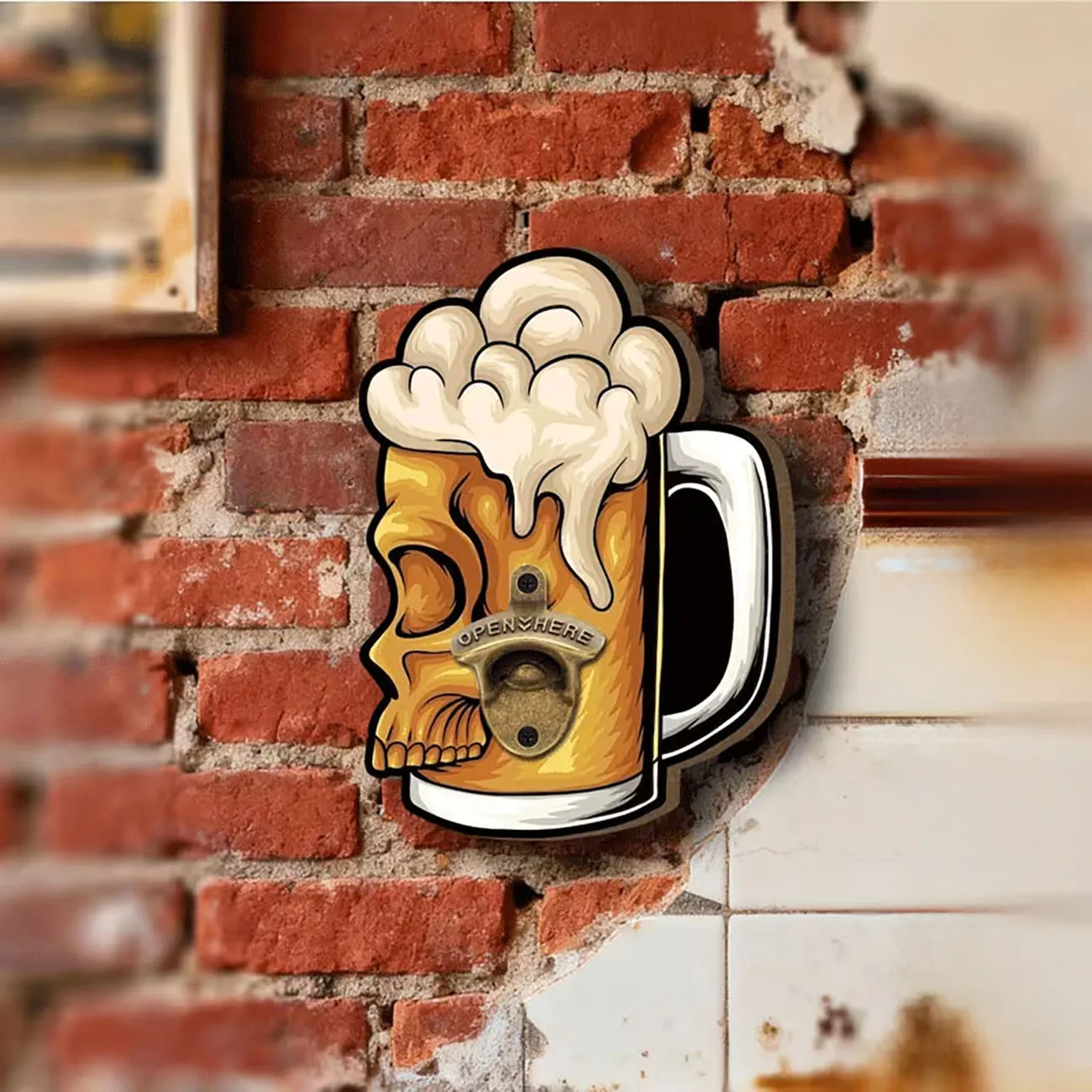 1pc 2D Flat Skull Beer Mug Wooden Wall Bottle Opener, Foamy Beer Skull Shape Wood Sign for Bar, Pub & Man Cave Wall Decor