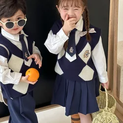 School Look Brother Sister Matching Three-piece Set Girls Knit Vest+blouse+skirts Outfits Korean Boys Sweater Shirts Pants Suit